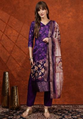 Purple Solid Cotton Blend Kurta Set