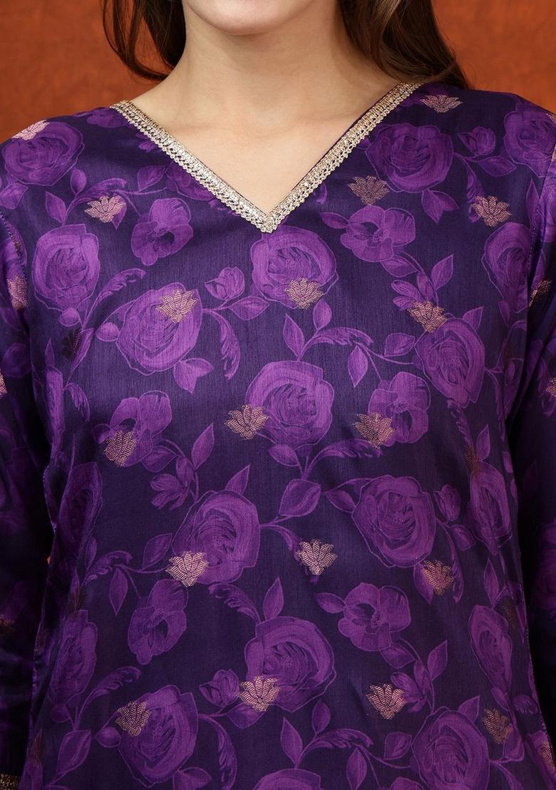 Purple Solid Cotton Blend Kurta Set - Indya