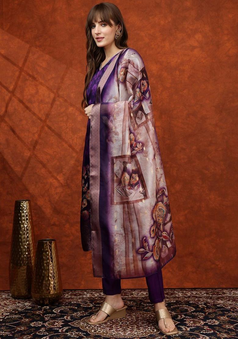 Purple Solid Cotton Blend Kurta Set - Indya