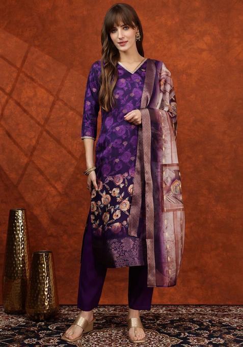 Purple Solid Cotton Blend Kurta Set