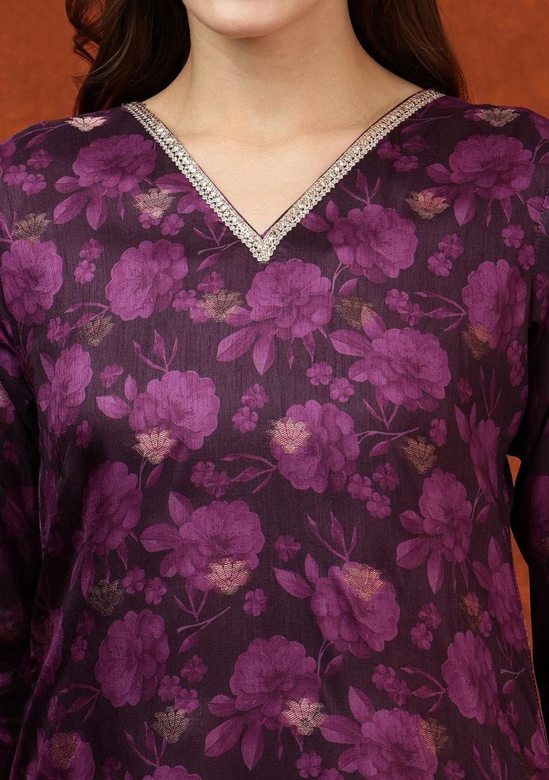 Magenta Solid Cotton Blend Kurta Set - Indya