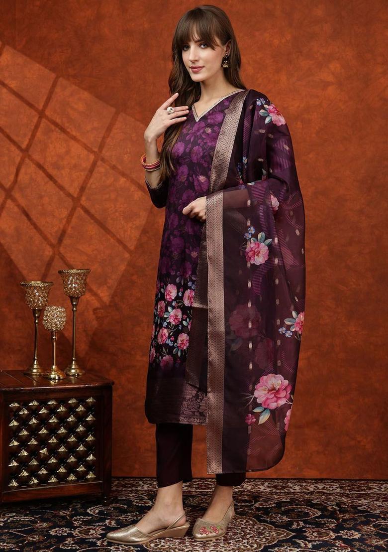 Magenta Solid Cotton Blend Kurta Set - Indya
