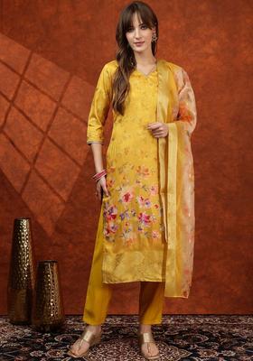 Yellow Solid Cotton Blend Kurta Set