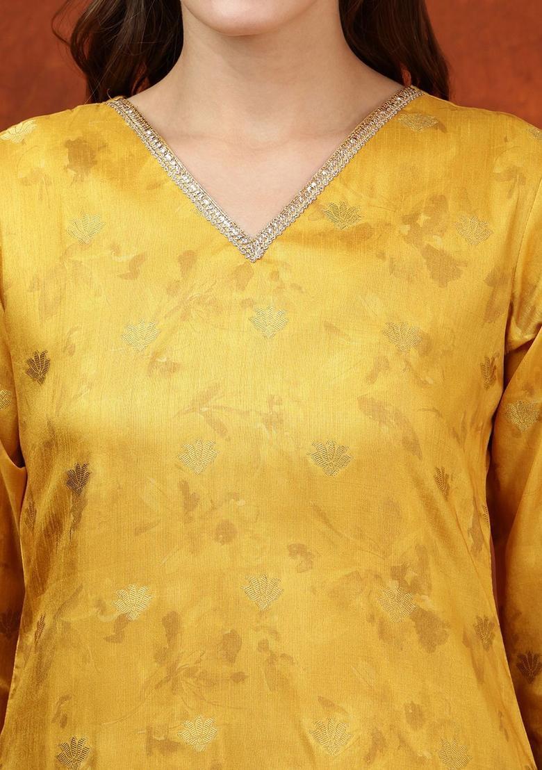 Yellow Solid Cotton Blend Kurta Set - Indya