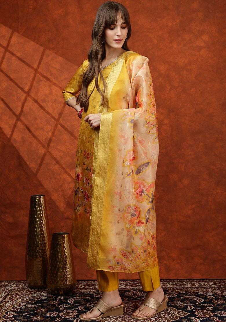 Yellow Solid Cotton Blend Kurta Set - Indya