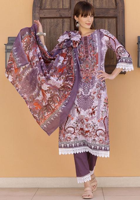 Lavender Printed Cotton Kurta Set