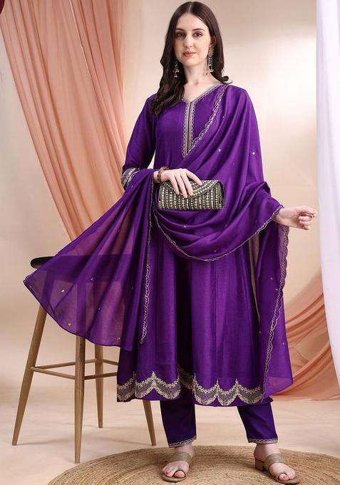Purple Solid Art Silk Kurta Set