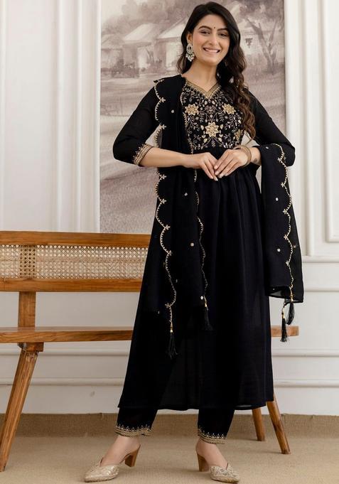Black Embroidered Silk Blend Kurta Set