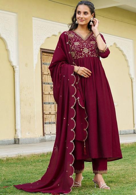 Maroon Solid Silk Blend Kurta Set
