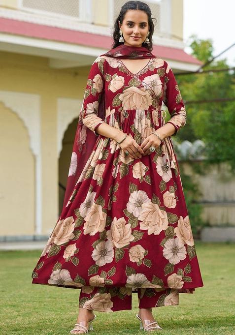 Maroon Printed Viscose Rayon Kurta Set