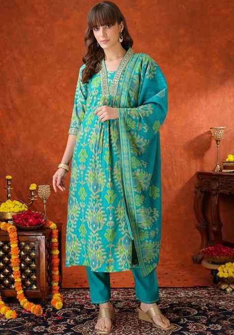 Turquoise Blue Solid Silk Blend Kurta Set