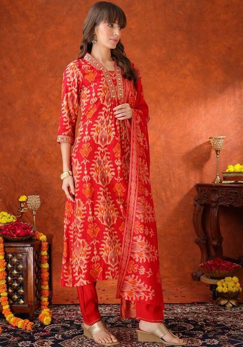 Red Solid Silk Blend Kurta Set