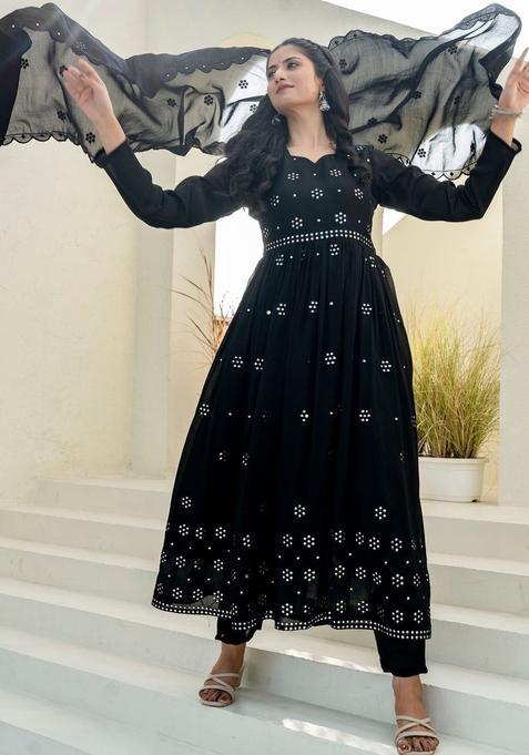 Black Solid Silk Blend Kurta Set