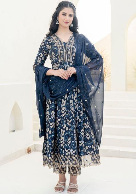 Navy Blue Printed Silk Kurta Set