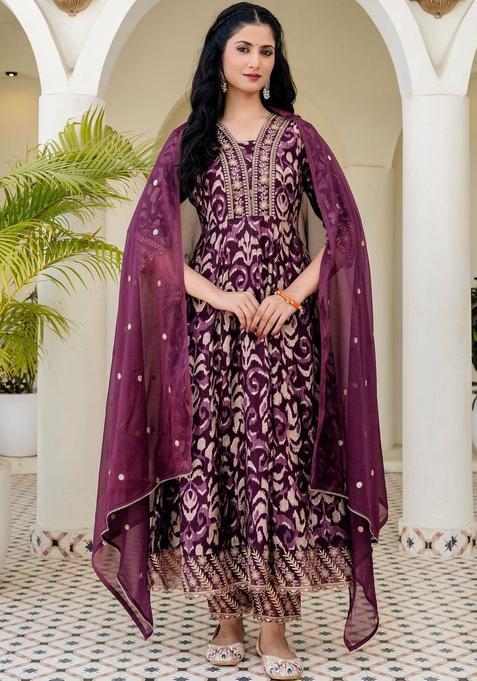 Purple Printed Silk Kurta Set