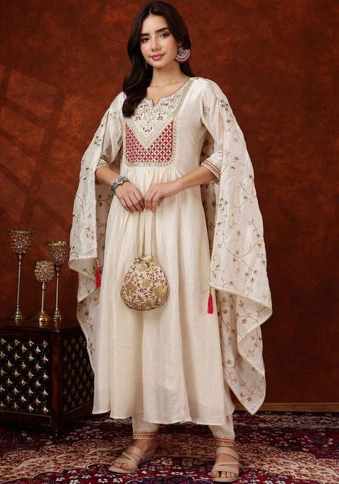 Off White Embroidered Silk Kurta Set