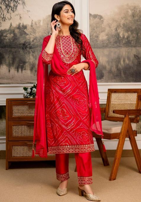 Red Printed Cotton Blend Kurta Set