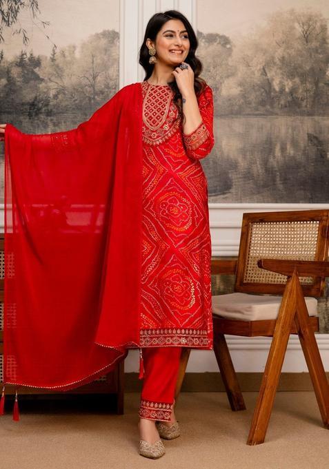 Red Solid Cotton Blend Kurta Set