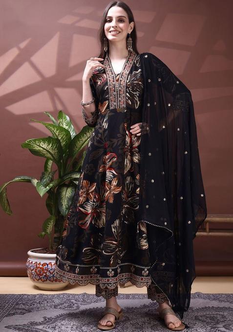 Black Printed Viscose Rayon Kurta Set