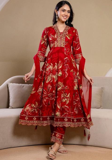 Red Printed Viscose Rayon Kurta Set