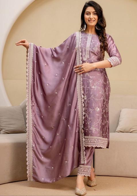 Purple Embroidered Silk Blend Kurta Set