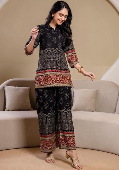 Black Printed Viscose Rayon Kurta Set