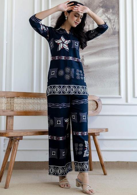Navy Blue Printed Viscose Rayon Kurta Set