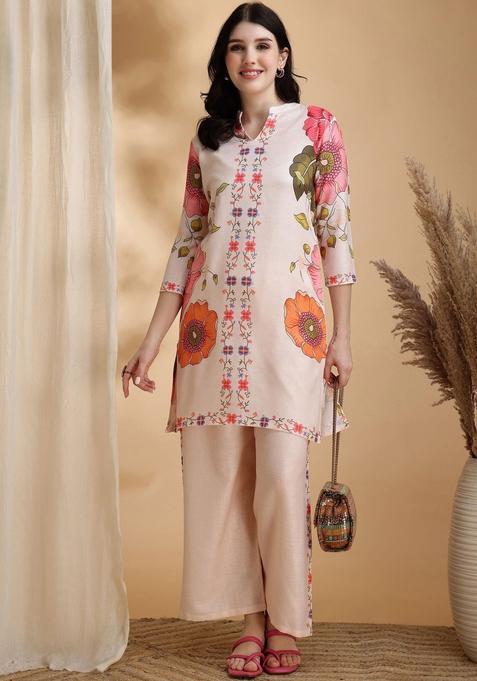 Peach Printed Linen Kurta Set