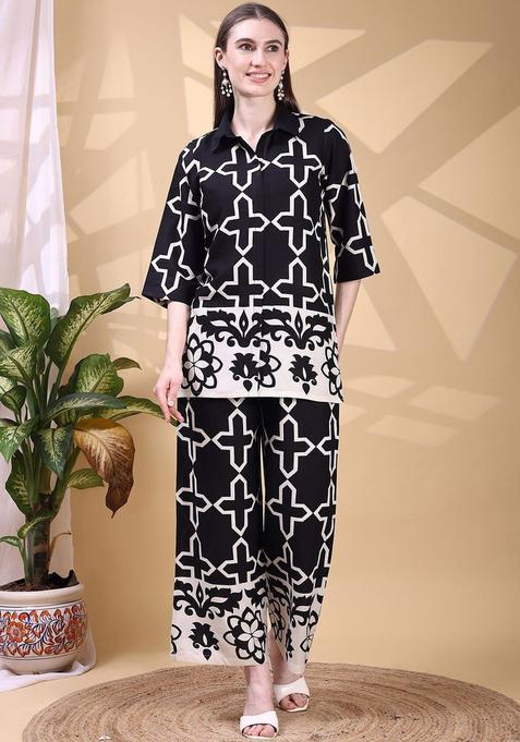 Black Printed Viscose Rayon Kurta Set