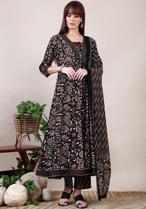 Black Printed Viscose Rayon Kurta Set