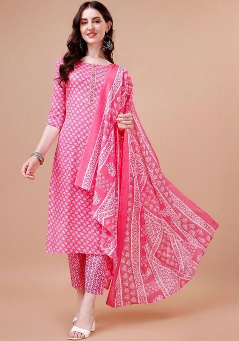 Pink Printed Cotton Blend Kurta Set