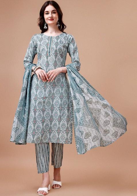 Blue Striped Cotton Blend Kurta Set