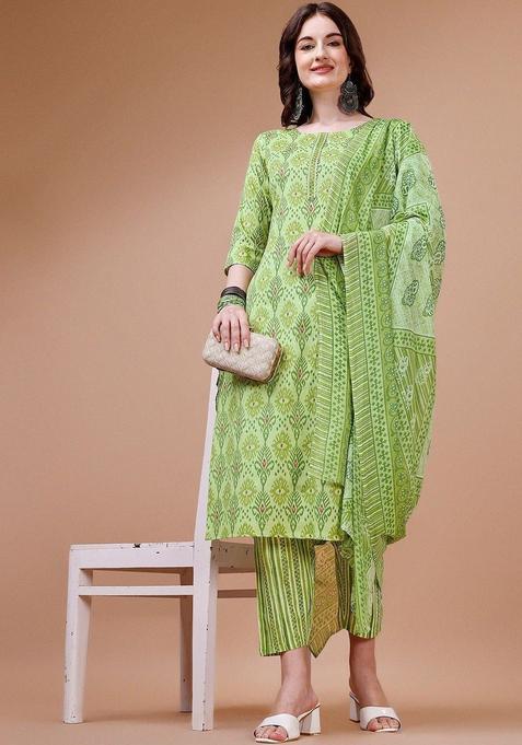 Lime Green Printed Cotton Blend Kurta Set