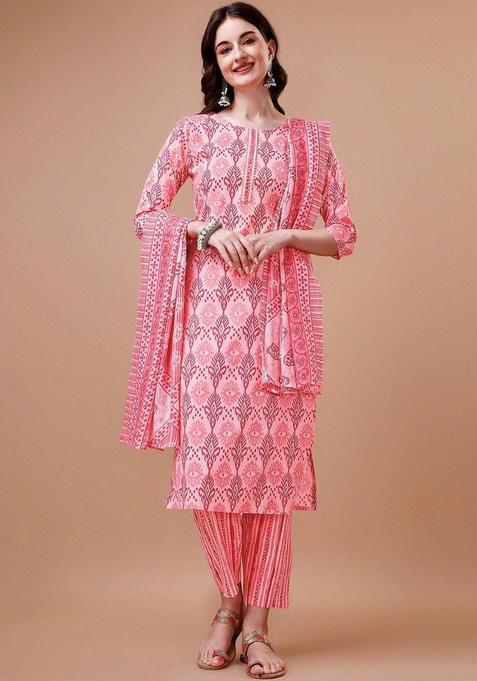 Pink Printed Cotton Blend Kurta Set