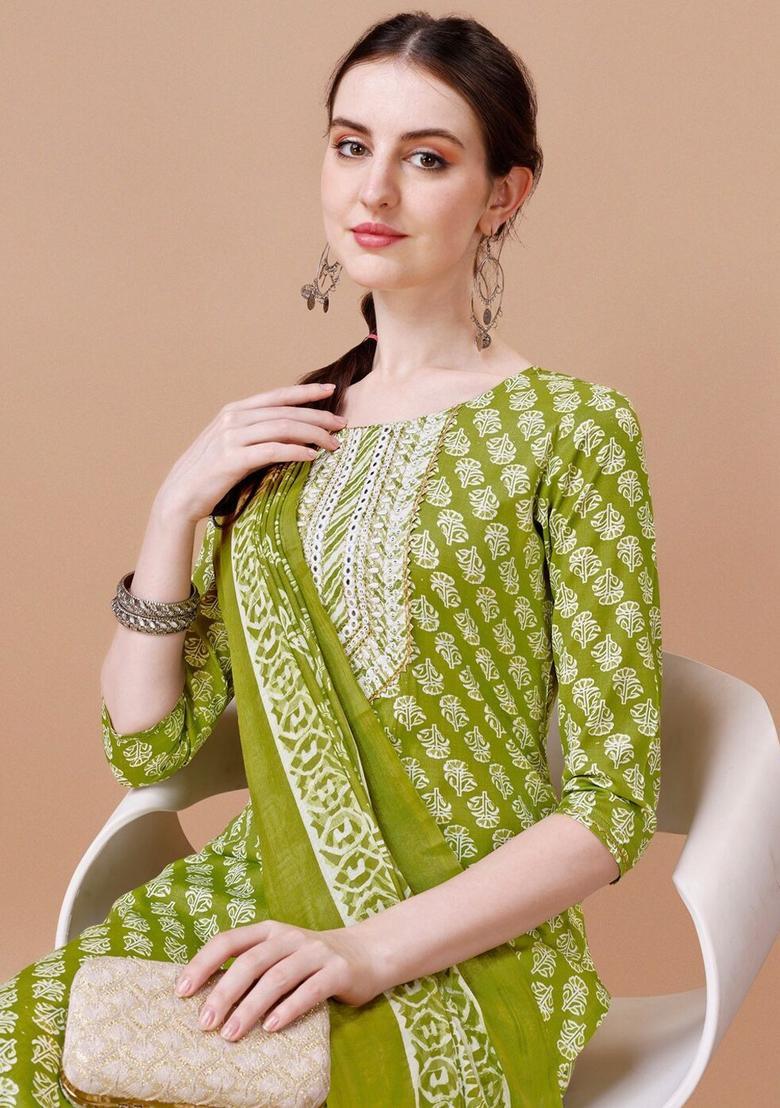 Green Printed Cotton Blend Kurta Set - Indya