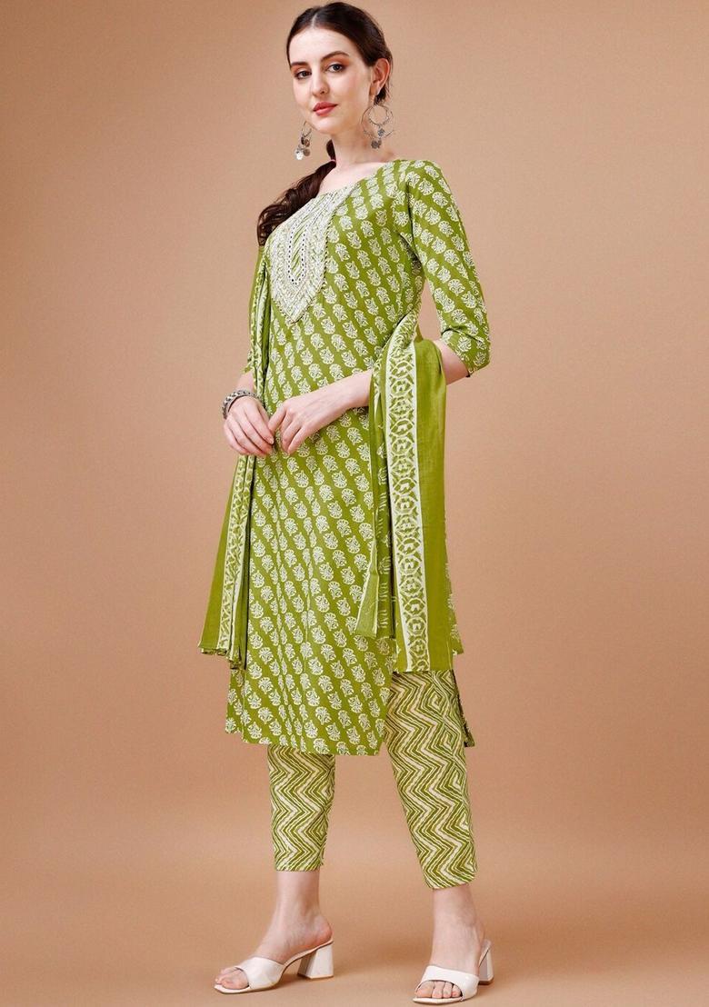 Green Printed Cotton Blend Kurta Set - Indya
