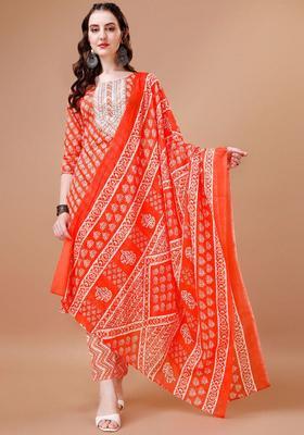 Orange Printed Cotton Blend Kurta Set