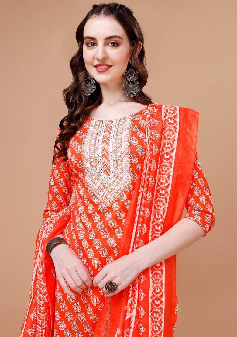 Orange Printed Cotton Blend Kurta Set - Indya