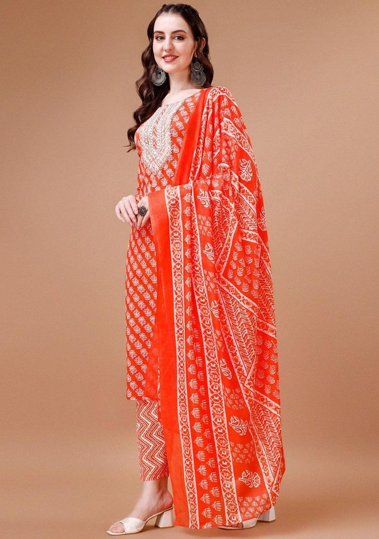 Orange Printed Cotton Blend Kurta Set - Indya