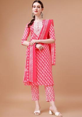 Pink Printed Cotton Blend Kurta Set