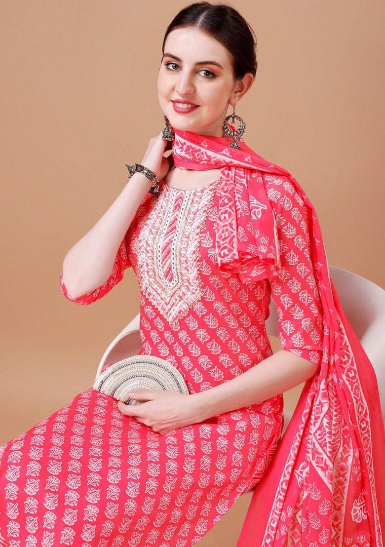 Pink Printed Cotton Blend Kurta Set - Indya