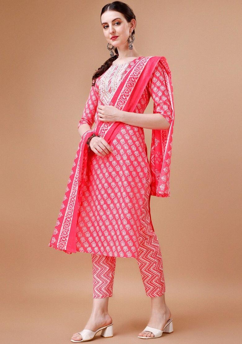Pink Printed Cotton Blend Kurta Set - Indya