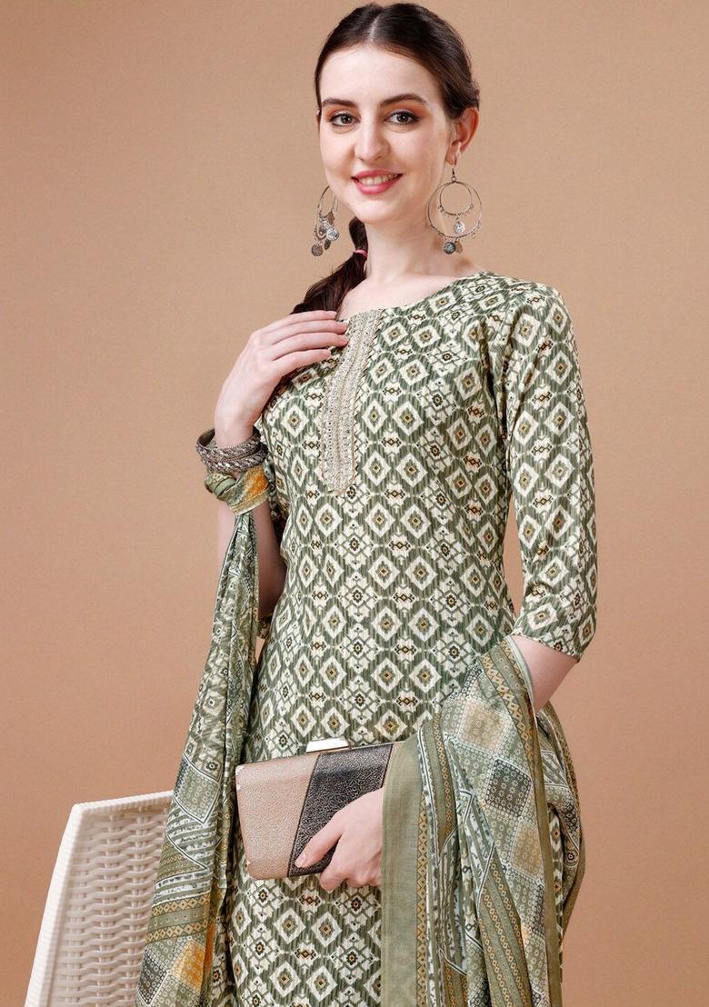 Green Printed Cotton Blend Kurta Set - Indya