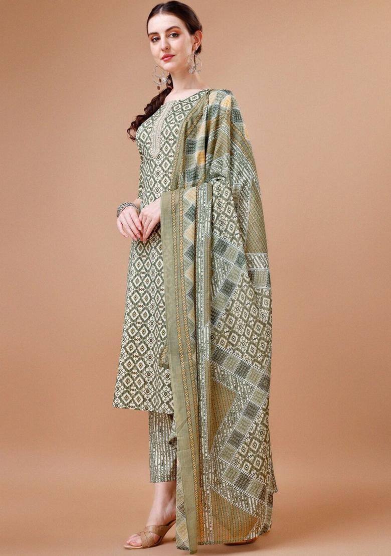 Green Printed Cotton Blend Kurta Set - Indya