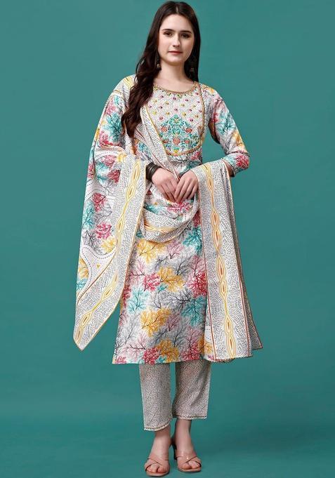 White Printed Cotton Kurta Set