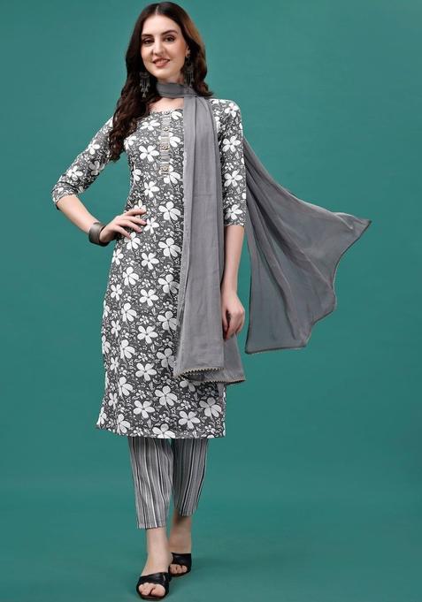 Grey Striped Cotton Blend Kurta Set