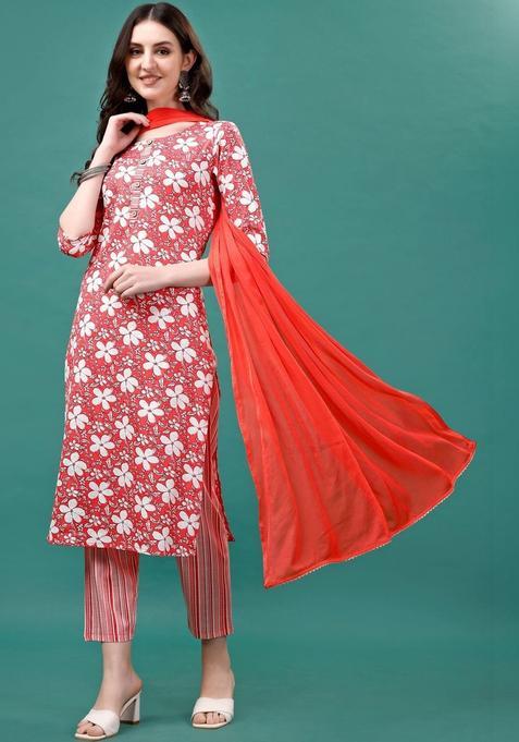 Red Striped Cotton Blend Kurta Set