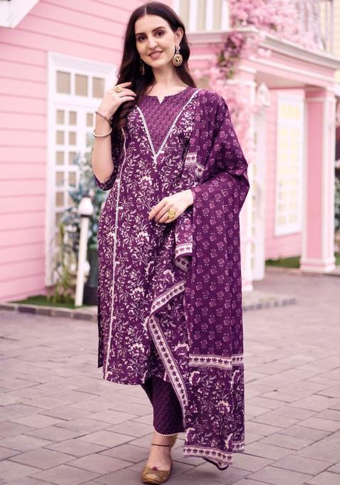 Purple Printed Cotton Kurta Set