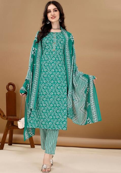 Green Printed Cotton Blend Kurta Set