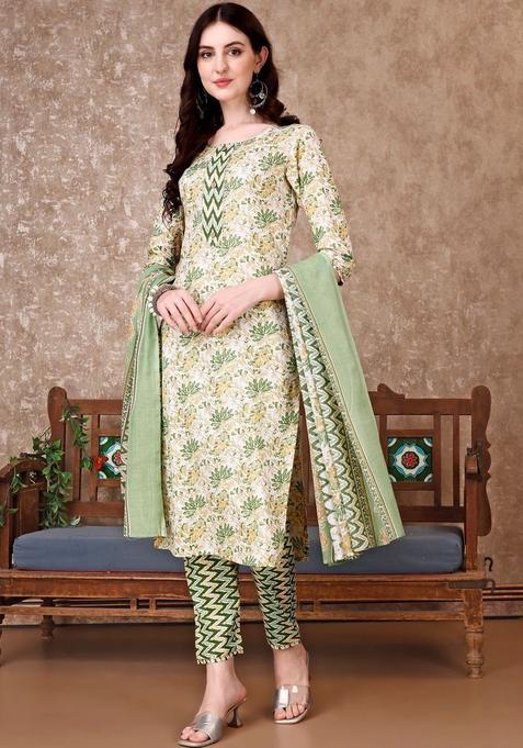 Off White Printed Cotton Blend Kurta Set